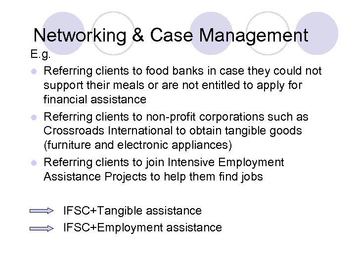 Networking & Case Management E. g. l Referring clients to food banks in case