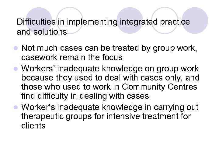 Difficulties in implementing integrated practice and solutions Not much cases can be treated by