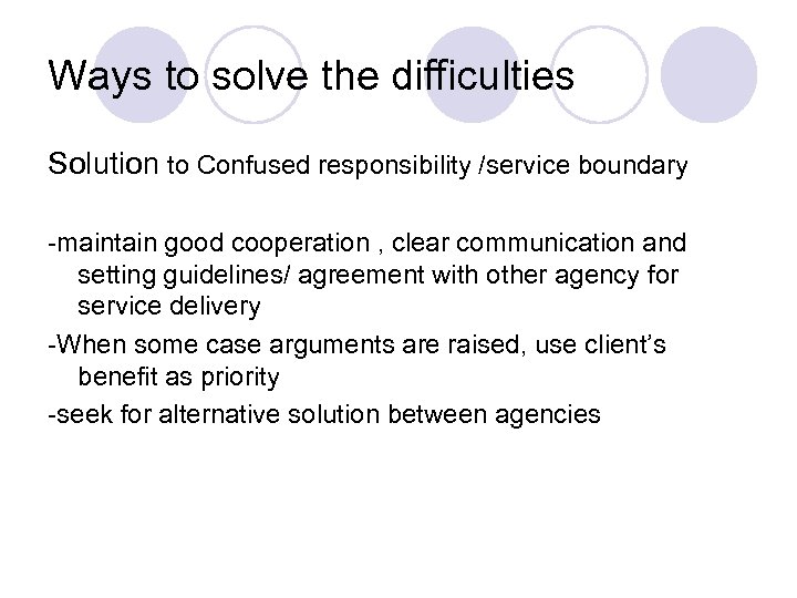 Ways to solve the difficulties Solution to Confused responsibility /service boundary -maintain good cooperation