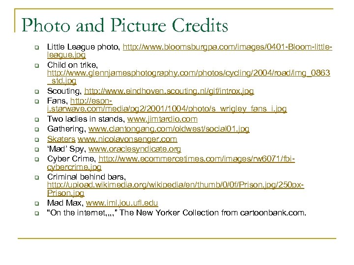 Photo and Picture Credits q q q Little League photo, http: //www. bloomsburgpa. com/images/0401