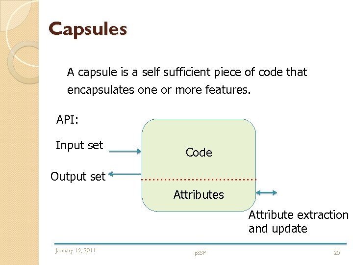 Capsules A capsule is a self sufficient piece of code that encapsulates one or
