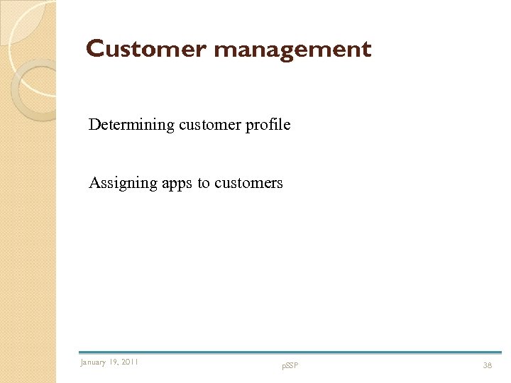 Customer management Determining customer profile Assigning apps to customers January 19, 2011 p. SSP