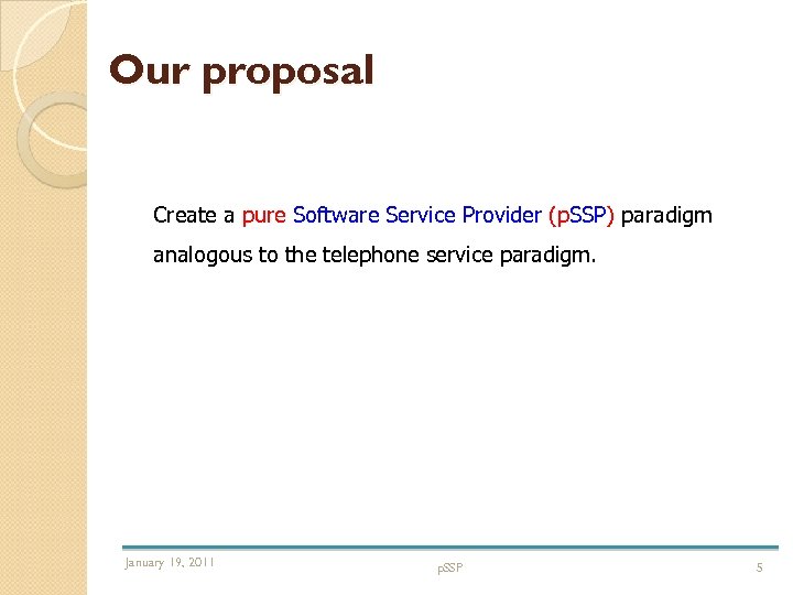 Our proposal Create a pure Software Service Provider (p. SSP) paradigm analogous to the