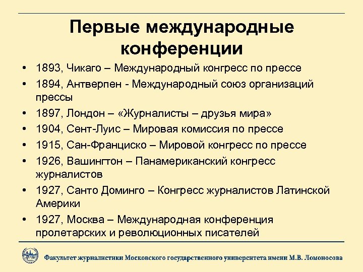 Первые международные конференции • 1893, Чикаго – Международный конгресс по прессе • 1894, Антверпен