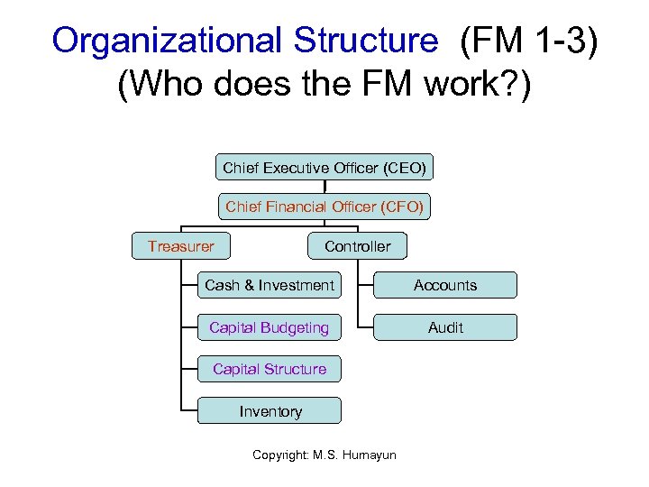 Organizational Structure (FM 1 -3) (Who does the FM work? ) Chief Executive Officer