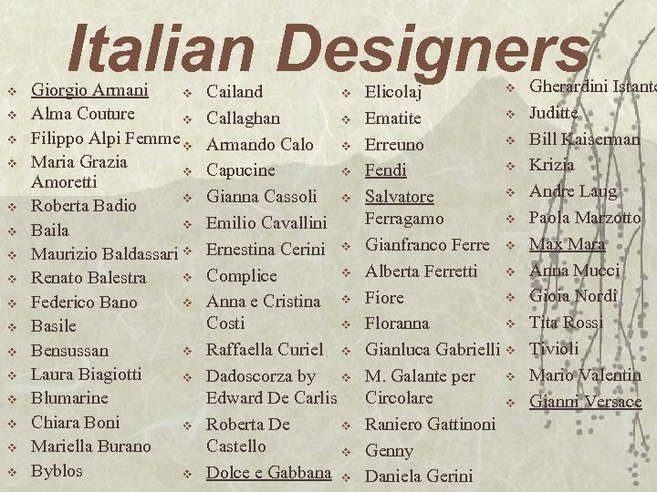 v v v v Italian Designers Giorgio Armani v Alma Couture v Filippo Alpi