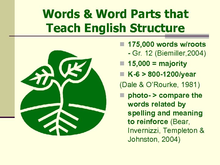 Words & Word Parts that Teach English Structure n 175, 000 words w/roots -