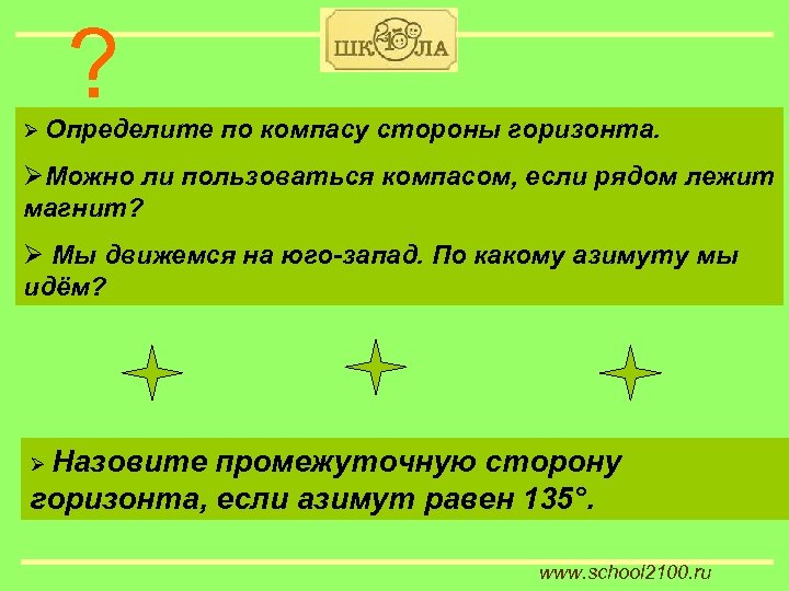 ? Ø Определите по компасу стороны горизонта. ØМожно ли пользоваться компасом, если рядом лежит