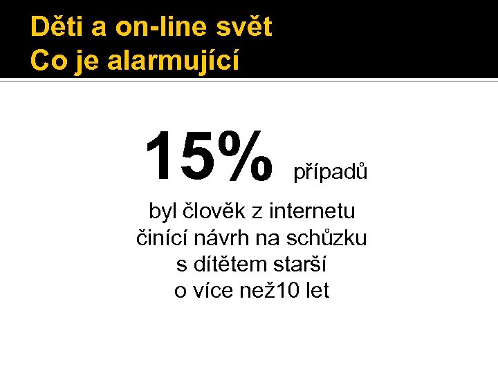 Děti a on-line svět Co je alarmující 15% případů byl člověk z internetu činící