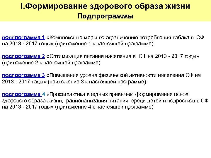 I. Формирование здорового образа жизни Подпрограммы подпрограмма 1 «Комплексные меры по ограничению потребления табака