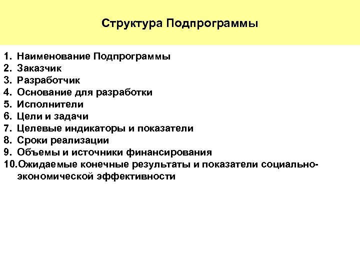 Структура Подпрограммы 1. Наименование Подпрограммы 2. Заказчик 3. Разработчик 4. Основание для разработки 5.