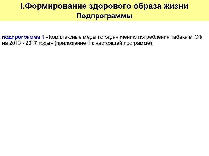 I. Формирование здорового образа жизни Подпрограммы подпрограмма 1 «Комплексные меры по ограничению потребления табака