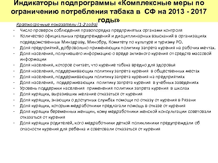 Индикаторы подпрограммы «Комплексные меры по ограничению потребления табака в СФ на 2013 - 2017