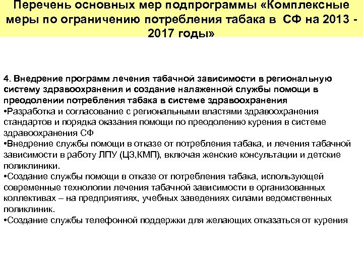 Перечень основных мер подпрограммы «Комплексные меры по ограничению потребления табака в СФ на 2013