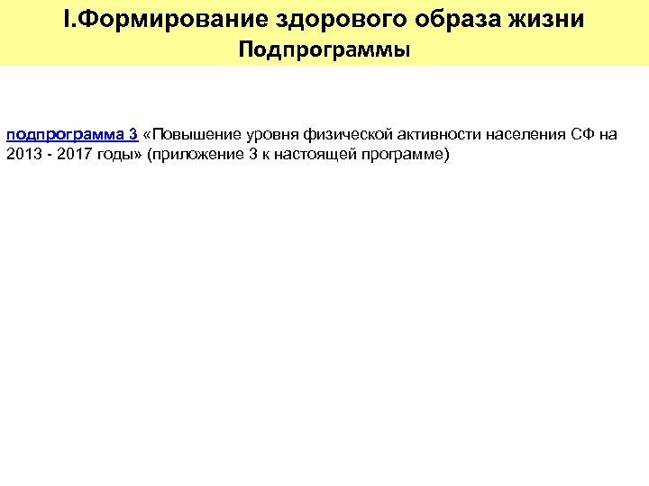 I. Формирование здорового образа жизни Подпрограммы подпрограмма 3 «Повышение уровня физической активности населения СФ