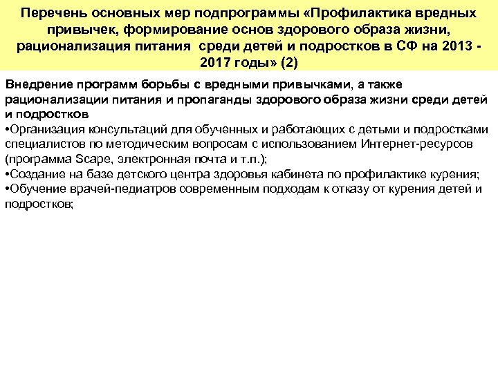 Перечень основных мер подпрограммы «Профилактика вредных Управление подпрограммой «Профилактика вредных привычек, формирование основ здорового