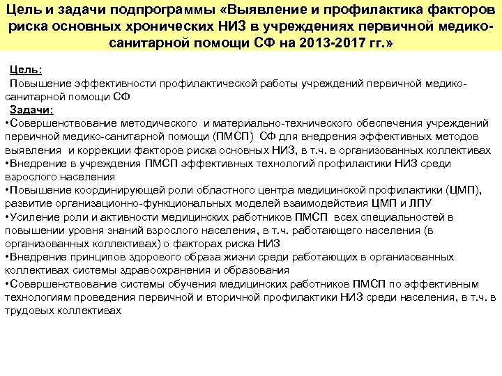 Цель и задачи подпрограммы «Выявление и профилактика факторов риска основных хронических НИЗ в учреждениях
