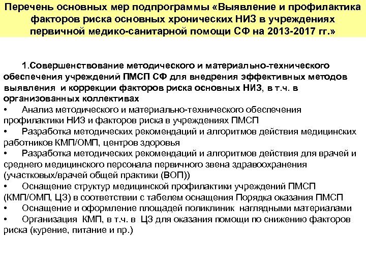 Перечень основных мер подпрограммы «Выявление и профилактика факторов риска основных хронических НИЗ в учреждениях