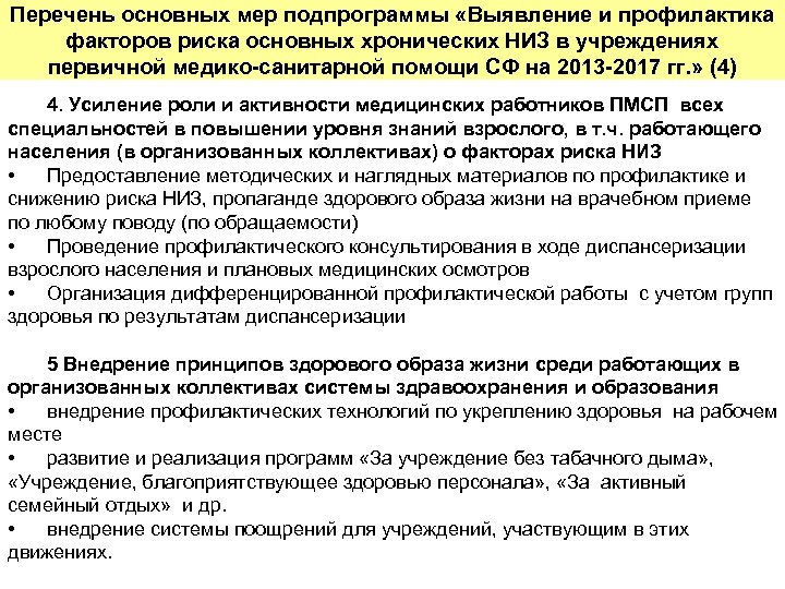 Перечень основных мер подпрограммы «Выявление и профилактика факторов риска основных хронических НИЗ в учреждениях