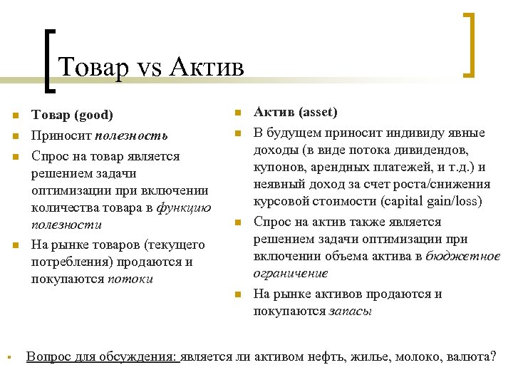 Товар vs Актив n n Товар (good) Приносит полезность Спрос на товар является решением