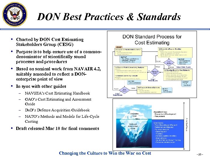 DON Best Practices & Standards • Charted by DON Cost Estimating Stakeholders Group (CESG)