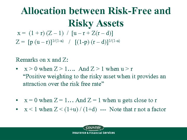 Allocation between Risk-Free and Risky Assets x = (1 + r) (Z – 1)