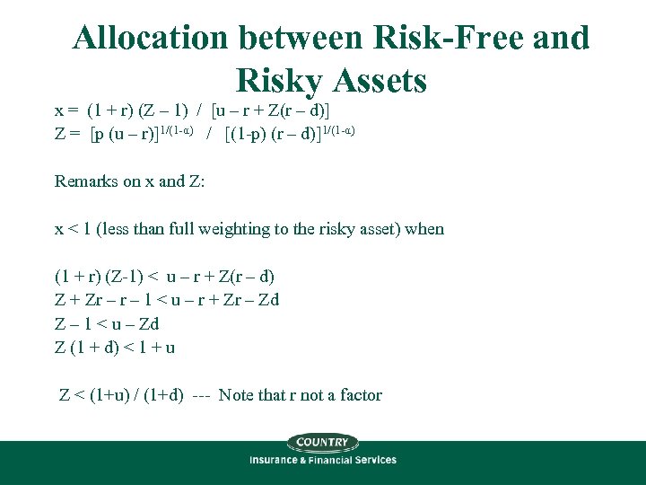 Allocation between Risk-Free and Risky Assets x = (1 + r) (Z – 1)