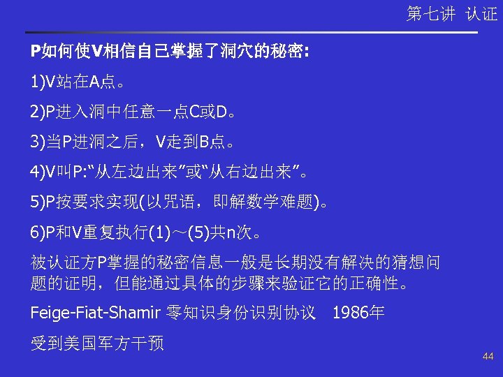 第七讲 认证 P如何使V相信自己掌握了洞穴的秘密: 1)V站在A点。 2)P进入洞中任意一点C或D。 3)当P进洞之后，V走到B点。 4)V叫P: “从左边出来”或“从右边出来”。 5)P按要求实现(以咒语，即解数学难题)。 6)P和V重复执行(1)～(5)共n次。 被认证方P掌握的秘密信息一般是长期没有解决的猜想问 题的证明，但能通过具体的步骤来验证它的正确性。 Feige-Fiat-Shamir 零知识身份识别协议