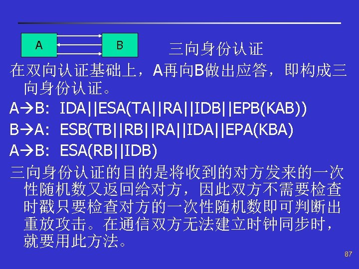 A B 三向身份认证 在双向认证基础上，A再向B做出应答，即构成三 向身份认证。 A B: IDA||ESA(TA||RA||IDB||EPB(KAB)) B A: ESB(TB||RA||IDA||EPA(KBA) A B: ESA(RB||IDB)