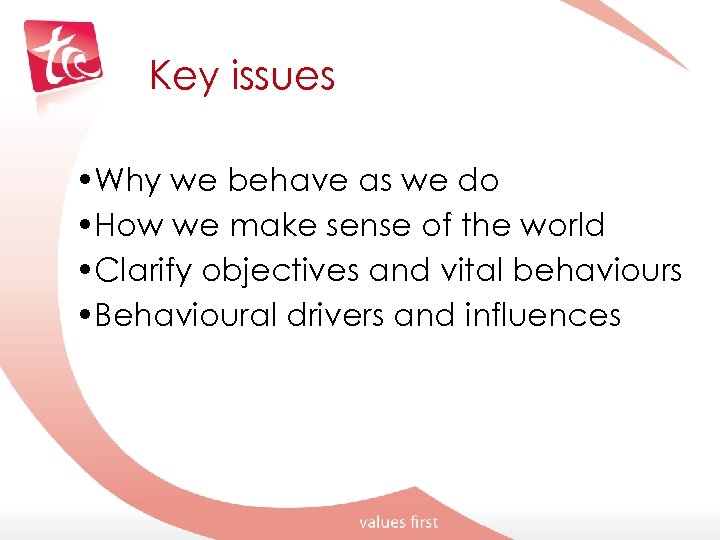 Key issues • Why we behave as we do • How we make sense