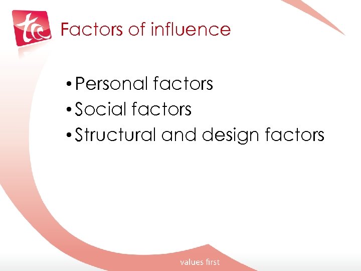 Factors of influence • Personal factors • Social factors • Structural and design factors