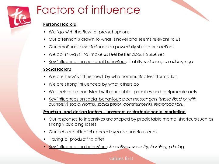 Factors of influence Personal factors • We ‘go with the flow’ or pre-set options