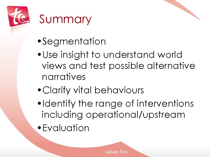 Summary • Segmentation • Use insight to understand world views and test possible alternative