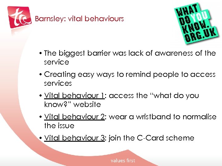 Barnsley: vital behaviours • The biggest barrier was lack of awareness of the service