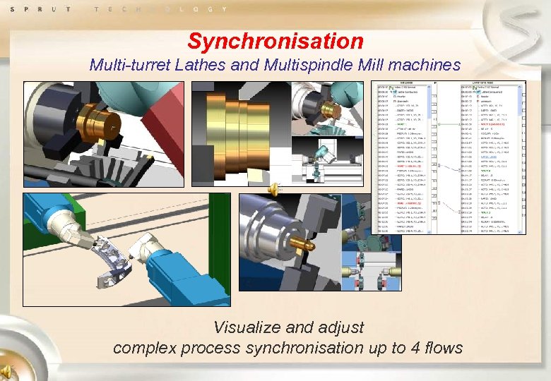 Synchronisation Multi-turret Lathes and Multispindle Mill machines Visualize and adjust complex process synchronisation up