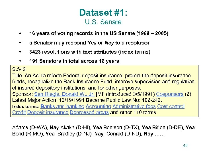 Dataset #1: U. S. Senate • 16 years of voting records in the US