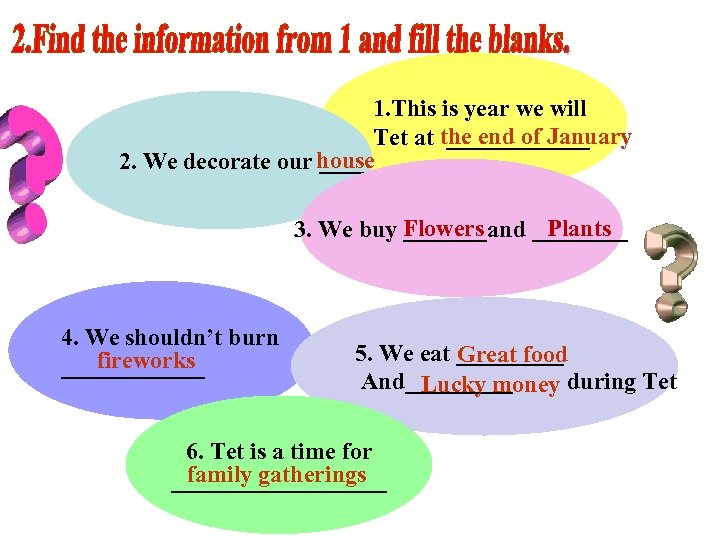 1. This is year we will Tet at the end of January ______ 2.