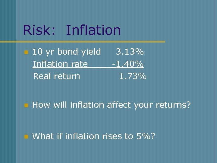 Risk: Inflation n 10 yr bond yield Inflation rate Real return 3. 13% -1.
