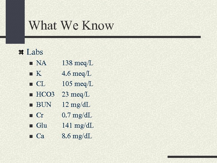 What We Know Labs n n n n NA K CL HCO 3 BUN
