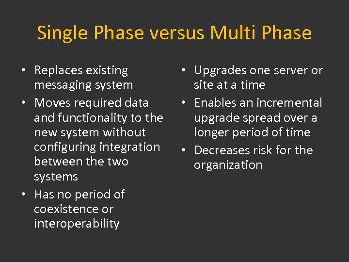 Single Phase versus Multi Phase • Replaces existing messaging system • Moves required data