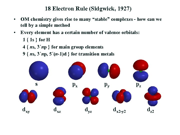 18 Electron Rule (Sidgwick, 1927) • OM chemistry gives rise to many “stable” complexes