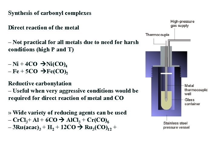 Synthesis of carbonyl complexes Direct reaction of the metal – Not practical for all