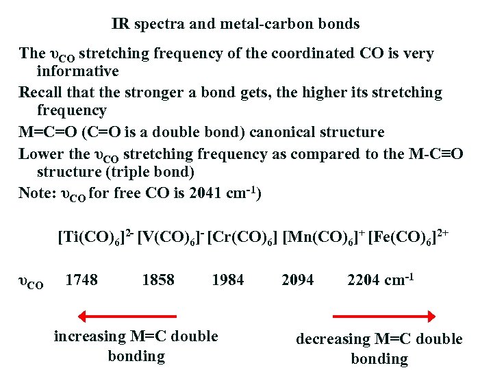 IR spectra and metal-carbon bonds The υCO stretching frequency of the coordinated CO is