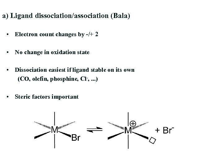 a) Ligand dissociation/association (Bala) • Electron count changes by -/+ 2 • No change