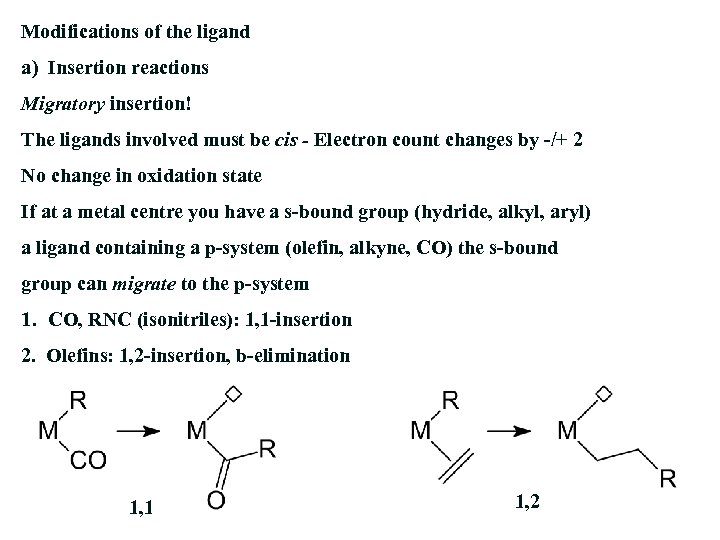 Modifications of the ligand a) Insertion reactions Migratory insertion! The ligands involved must be