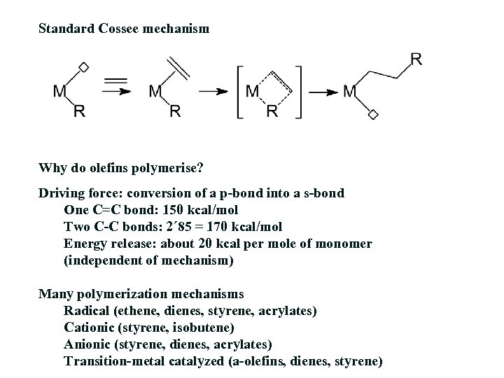 Standard Cossee mechanism Why do olefins polymerise? Driving force: conversion of a p-bond into