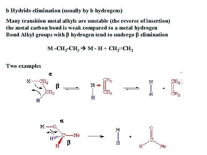 b Hydride elimination (usually by b hydrogens) Many transition metal alkyls are unstable (the