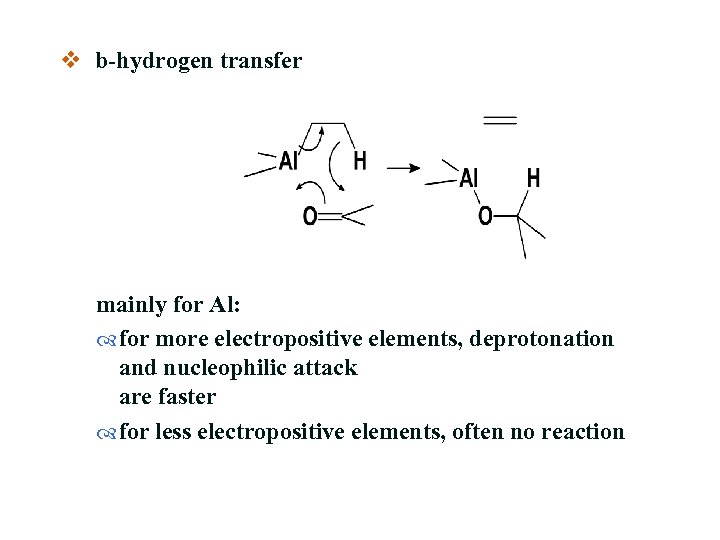 v b-hydrogen transfer mainly for Al: for more electropositive elements, deprotonation and nucleophilic attack