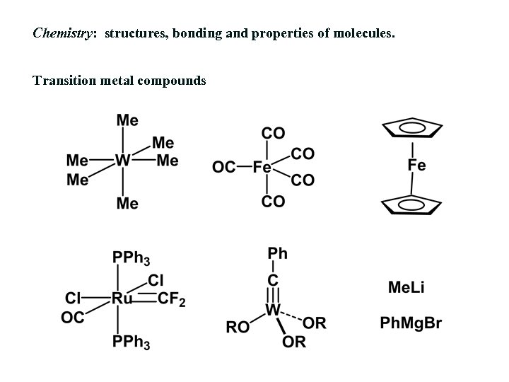 Chemistry: structures, bonding and properties of molecules. Transition metal compounds 