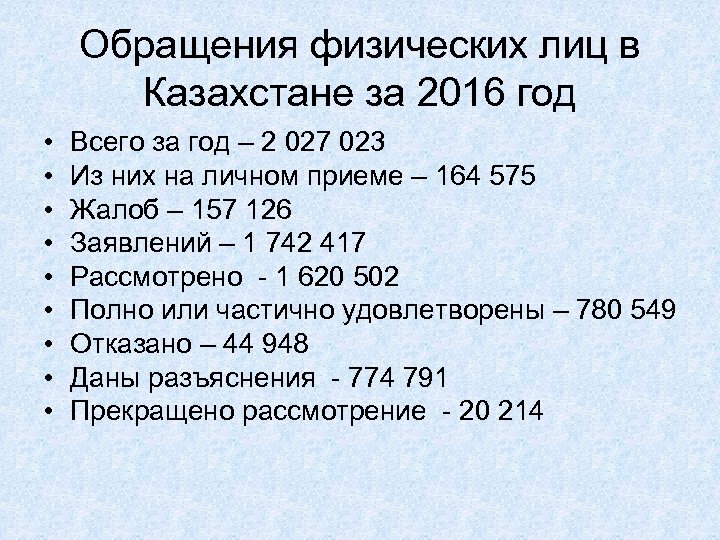 Обращения физических лиц в Казахстане за 2016 год • • • Всего за год